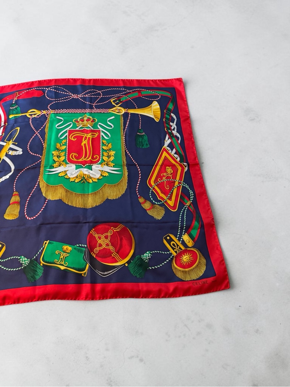 VINTAGE- CELINE SILK SCARF- RED AND NAVY REVOLUTION FRANCAISE